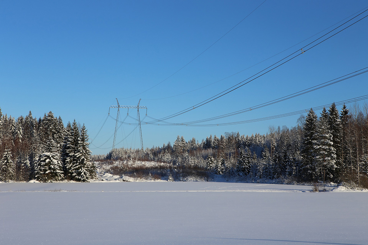 Snowy winter scenery with power line.