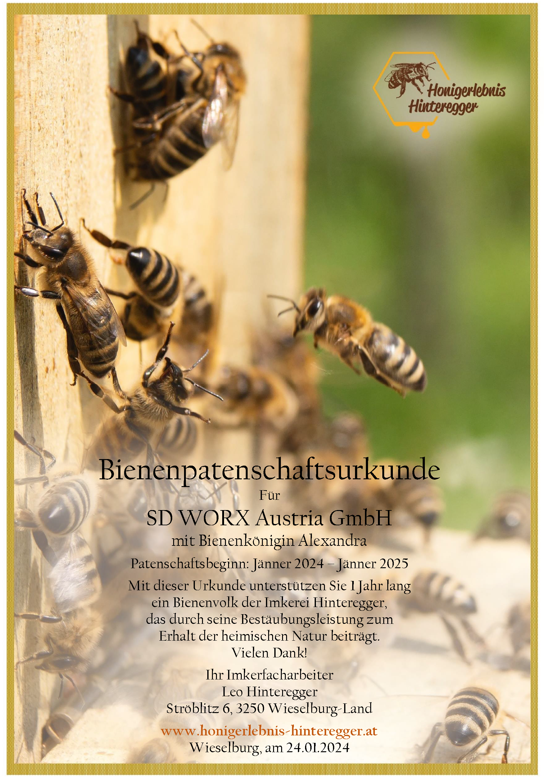 Urkunde Bienenpatenschaft 2024