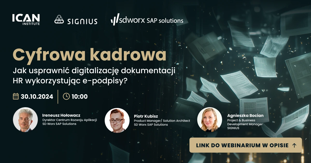 Grafika przedstawiająca szczegóły webinaru na temat digitalizacji HR